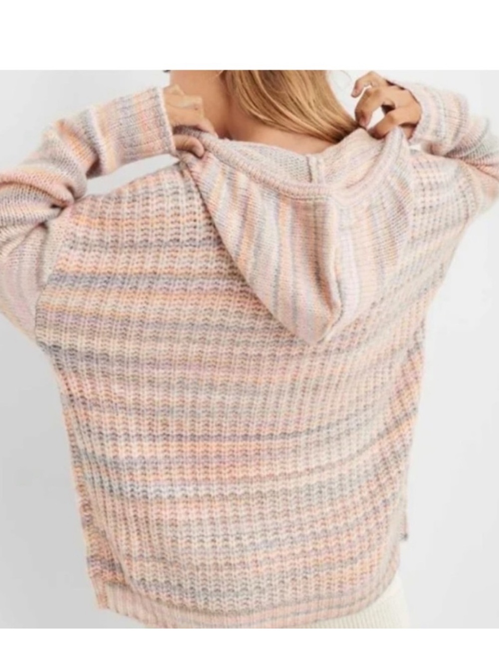 Aerie Cozy Multicolor Hooded Knit Sweater - Pastel Stripe - Picture 2 of 8